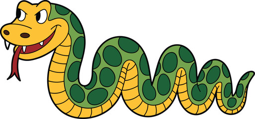 Cartoon snake, green reptile, vector illustration, smiling animal, kids clipart, playful serpent, children’s drawing, fun wildlife, educational graphic, jungle character