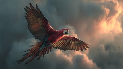 Majestic Scarlet Macaw Soaring Through Dramatic Cloudy Sky