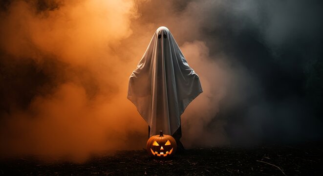 A ghost figure in a white sheet standing near a glowing jack o lantern in a smoky halloween scene