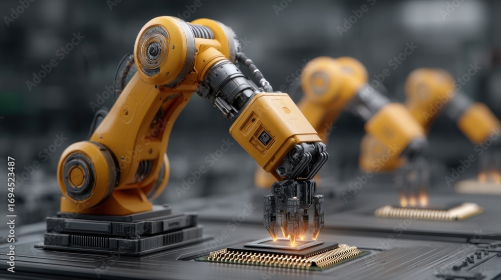 Poster robotic arm assembling small electronic components in a high-tech factory environment with advanced 