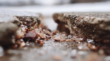Fototapeta premium A crack in the pavement with ice and debris in it