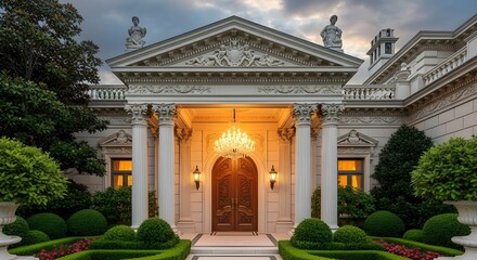 Obraz premium ornate architectural entrance, grand illuminated chandelier, dramatic cloudy sky, lush foliage, manicured landscaping, inviting glow, ornamental moldings, ornate portico, elegant columns, refined arch