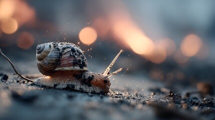 Snail on Ashy Ground with Warm Glows from Distant Flames Nearby