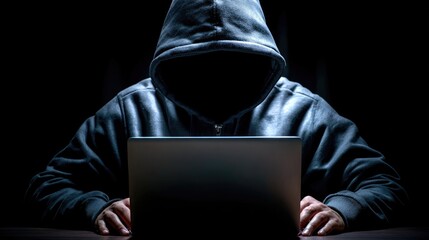 A mysterious figure in a hooded sweatshirt, absorbed in a glowing laptop screen, symbolizing digital anonymity and cybersecurity risks in the modern world.