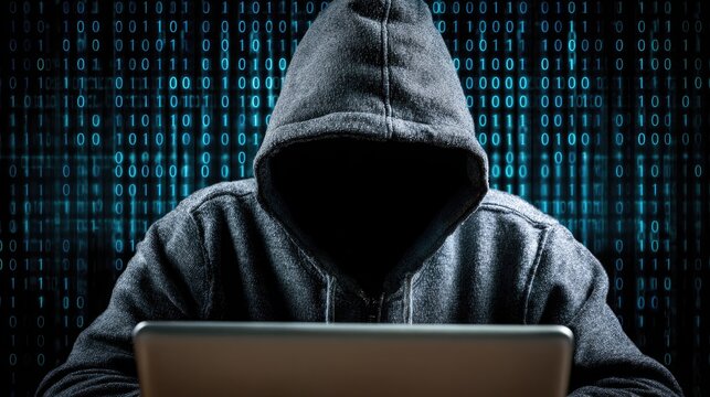 A mysterious figure in a hooded sweatshirt focuses intently on a laptop, surrounded by a backdrop of binary code emphasizing the themes of cybersecurity and digital anonymity.