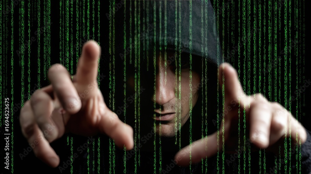 Poster a mysterious figure in a hoodie, surrounded by cascading green code, symbolizes the world of hacking