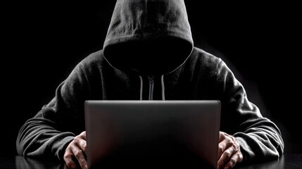 A mysterious figure in a hooded sweatshirt typing on a laptop against a dark background. This image represents themes of cyber security, hacking, and the digital age.