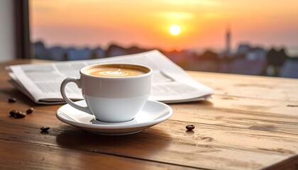 Coffee and newspaper at sunrise