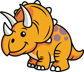 Cartoon triceratops, vector dinosaur, orange body, purple spots, smiling face, kids illustration, prehistoric animal, friendly character, white horns, educational clipart