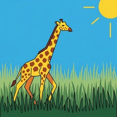 Giraffe walking with sunny savanna.