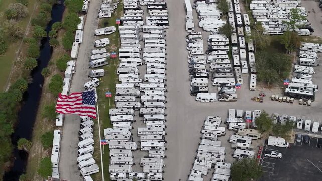 Aerial view of new motorhomes parked for sale at dealership parking lot in Ft. Myers, Florida. RV industry in USA.