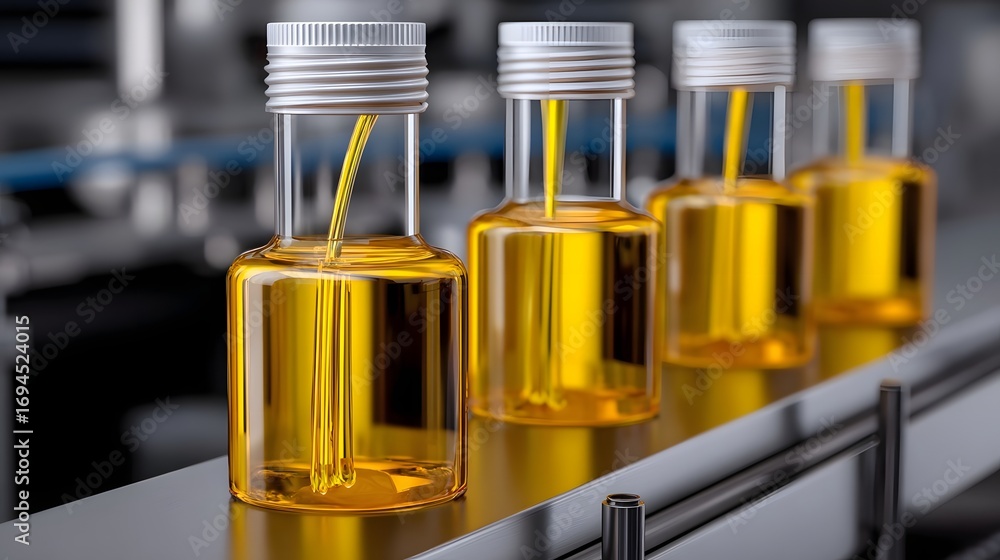 Poster close-up view of multiple glass test tubes filled with yellow liquid samples in a laboratory setting