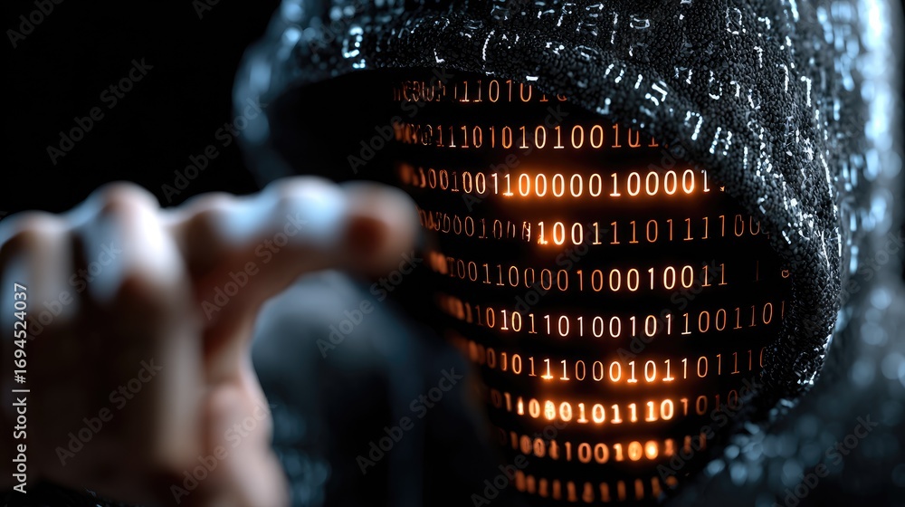 Poster a mysterious figure obscured by a digital mask of binary code represents the complexities and challe
