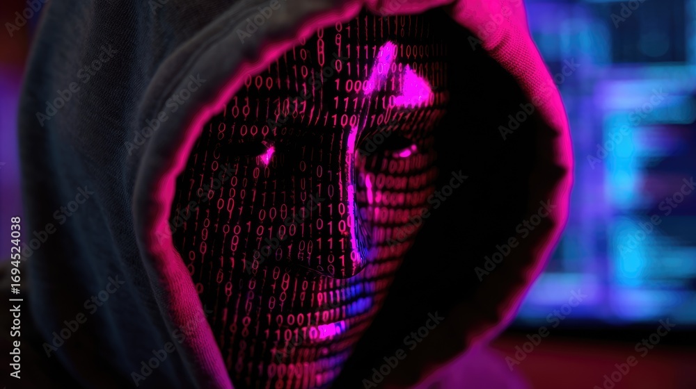 Poster a mysterious figure shrouded in a hoodie, face illuminated by streaming code. this image represents 