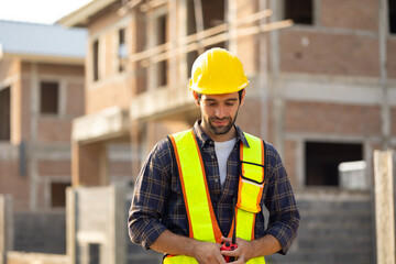 Portrait Hispanic male engineer : Architect, contractor and architecture standing in house building under construction site. Engineering in safety harthat helmet, Professional engineering teamwork