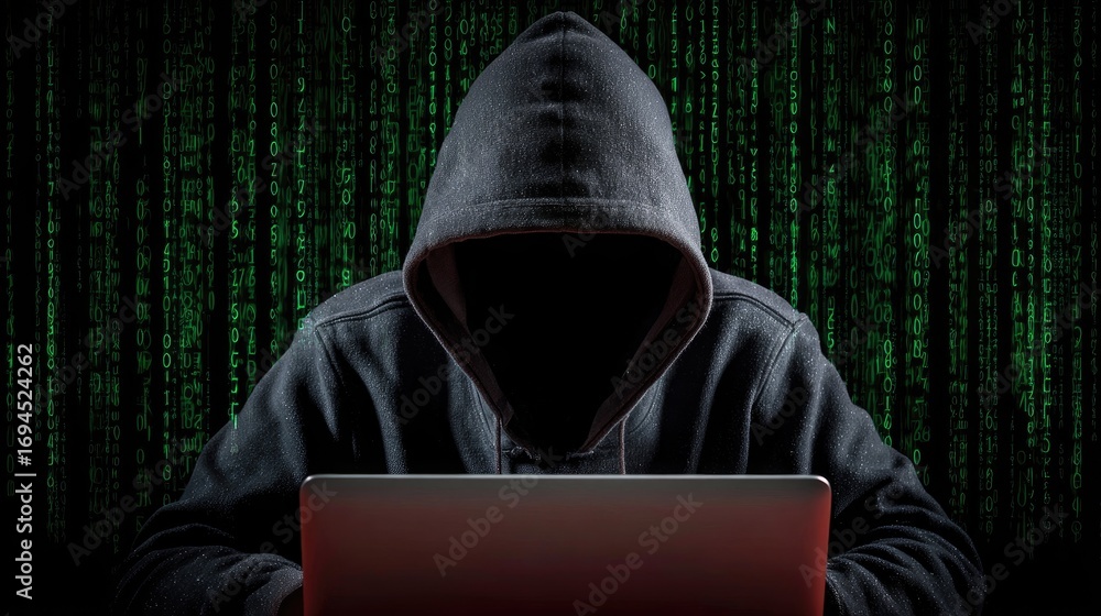 Poster a mysterious hooded figure works on a laptop in a dark environment filled with green binary code, sy