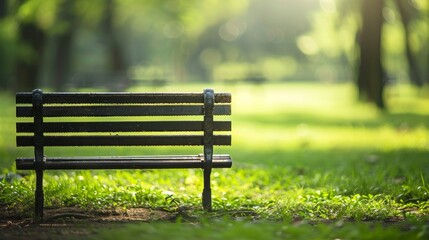 A serene park bench surrounded by lush green grass in a peaceful outdoor setting