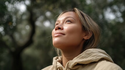 Naklejka premium Young woman gazing upward with a serene expression in a lush natural setting, showcasing beauty and connection with the outdoors and nature's tranquility