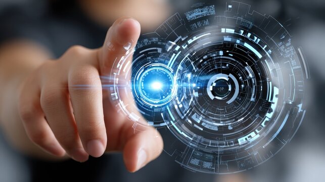 A person interacts with a futuristic holographic interface, showcasing advanced technology and digital innovation