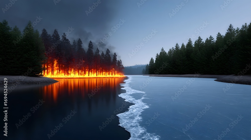 Poster a mesmerizing scene of a dark forest reflected in the still waters of a remote mountain lake, with t