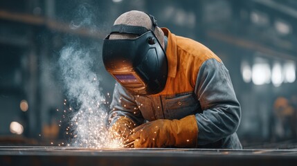 Skilled Welder Engaged in Metal Fabrication with Protective Equipment, Sparks Flying, Industrial Environment, Focus on Trade Craftsmanship and Safety