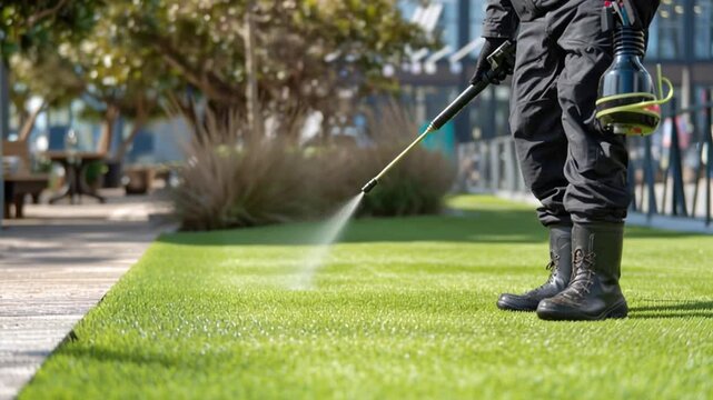 Spraying a green land: A diligent worker sprays green land with a modern technique, ensuring a clean and healthy outdoor environment. Focusing on care and maintenance.