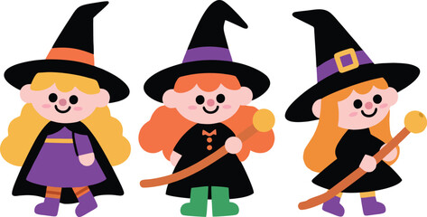 three Cute Girls in Halloween Witch Costumes with Black Witch Hats