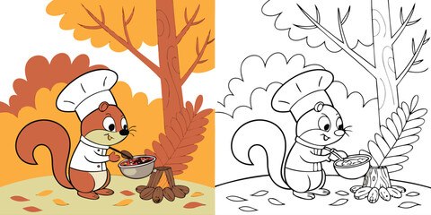 Funny forest animals coloring page vector art with a squirrel on a tree