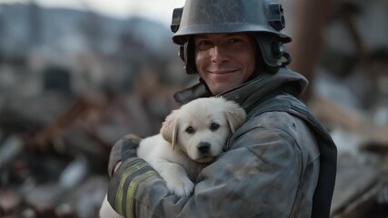 Firefighter heroically rescuing unconscious dog from debris