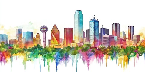 Watercolor Clipart, White background, ultra-detailed, hyper-realistic depictions of a skyline