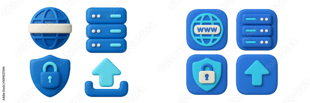 Fototapete digital service icons featuring internet globe, data server, security shield, and file upload for we