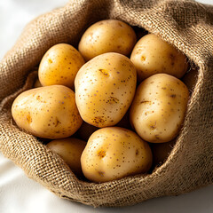 Realistic close-up of a burlap sack filled with fresh potato