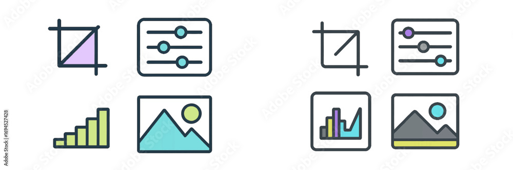 Poster essential digital interface symbols for photo editing, data analysis, and customizable application s