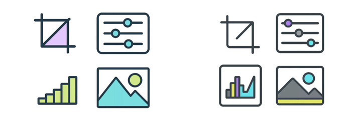 Fototapeta premium Essential digital interface symbols for photo editing, data analysis, and customizable application settings
