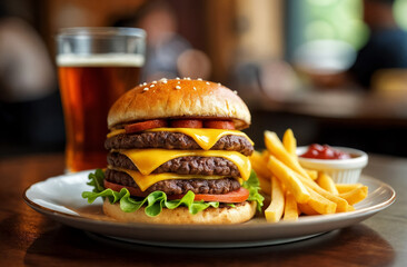 triple cheeseburger or triple whopper with fries and a glass of drink, triple burger