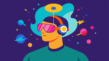 Naklejka premium Artistic Expression An artist using a BCI headset to create digital artwork that appears to emerge from their thoughts with vibrant colors and shapes radiating from the brain.