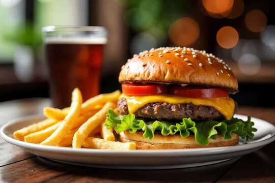 delicious hamburger and french fries with ketchup and glass of drink on wooden table