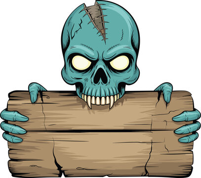 Cartoon zombie skull, glowing eyes, stitched forehead, horror character, wooden signboard, spooky hands, vector illustration, Halloween theme, scary undead design