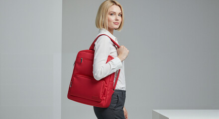 Young woman wearing red backpack while standing in modern office  