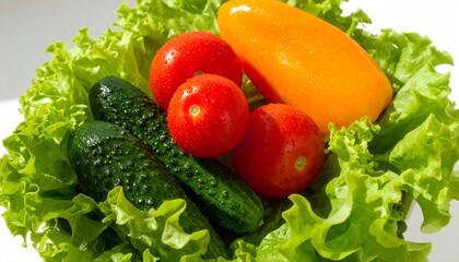 Freshly arranged garden vegetables sitting on a bed of vibrant lettuce