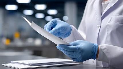 A professional researcher in a white lab coat and gloves carefully reviewing and analyzing medical documents or test results in a laboratory environment.