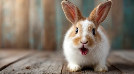 A cute bunny rabbit with bright eyes and floppy ears, standing amidst a rustic background, capturing the essence of playfulness, innocence, and joy in animal photography.