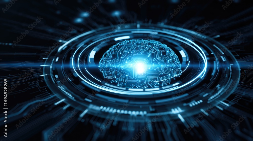 Poster a stunning visual representation of technology, showcasing a futuristic glowing sphere surrounded by