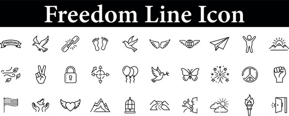 Collection of freedom line icons including doves, wings, paper airplane, balloons, butterflies, peace signs, mountains, and open doors isolated on transparent background
