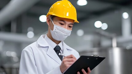 Factory worker wearing a protective helmet and mask, inspecting documents on a clipboard in an industrial manufacturing facility