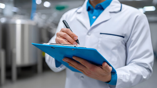 A medical researcher or scientist wearing a lab coat and examining documents or data on a clipboard in a modern, well-equipped laboratory.