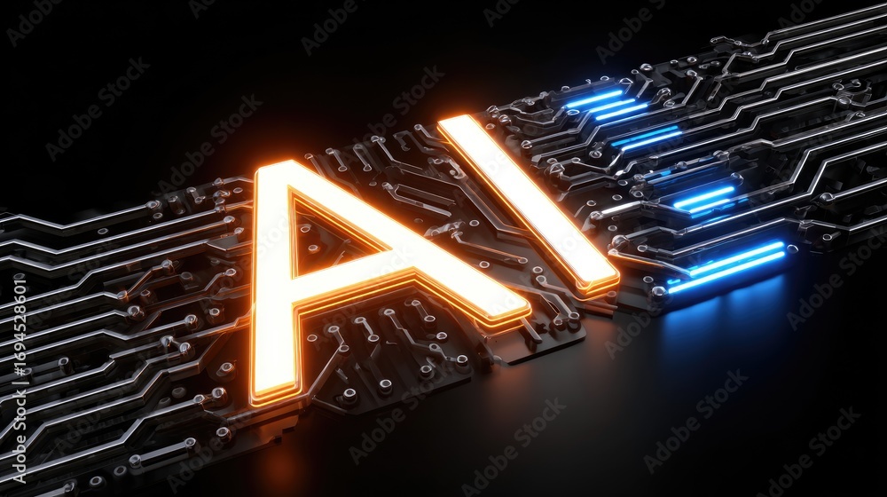 Poster a vibrant close-up of a circuit board featuring glowing ai letters. this image symbolizes the advanc