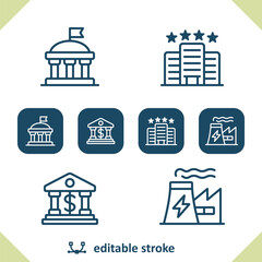 Buildings Icons. University, Hotel, Bank, Power Plant Icon