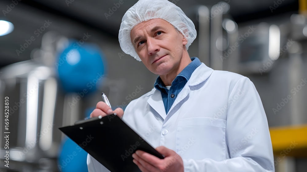 Poster a focused factory worker in a clean uniform standing in an industrial plant, diligently inspecting a
