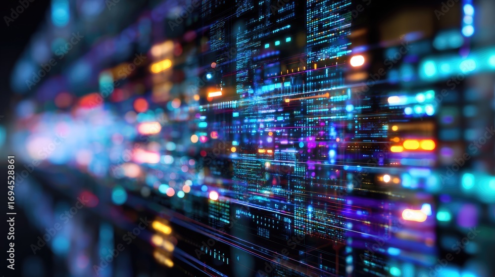 Poster a vivid representation of digital data streams, showcasing colorful lights and lines that symbolize 